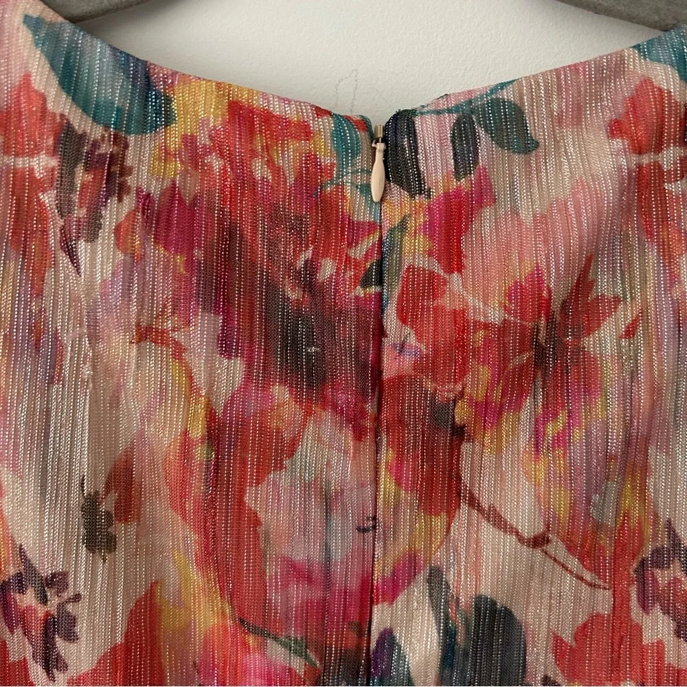 Adrianna Papell Floral Metallic Pleated Twist Front Hi Low Flutter Sleeve Gown 4